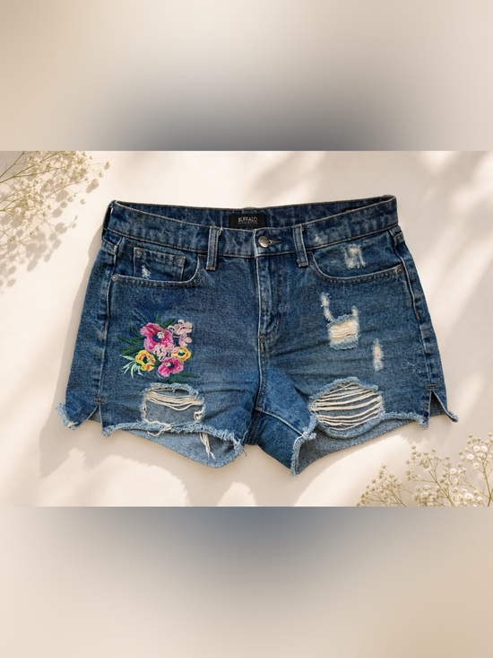 Buffalo David Bitton Pants - Buffalo David Bitton Blue Distressed Denim Shorts with Floral Embroidery